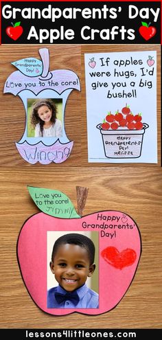 an apple cut out with the words grandparents's day on it, and two pictures of