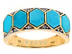 7x5mm Blue Kingman Turquoise Inlay With .12ctw White Zircon 18k Yellow Gold Over Sterling Silver Men's Ring. Measures approximately 0.92"L x 0.33"W. Not sizeable. Finished under gallery. Accent stones primarily zircon. Sterling Silver Mens Rings, Ring Men, Mens Silver Rings, Kingman Turquoise, Men's Ring, Silver Man, Big Day, Rings For Men, Yellow Gold