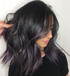 Low Maintenance Purple Hair, Violet Balayage Brunette, Lilac Balayage Brunettes, Smoky Purple Hair, Smokey Lavender Hair, Smokey Purple Hair, Amethyst Hair Color, Grey Transition, Purple Grey Hair