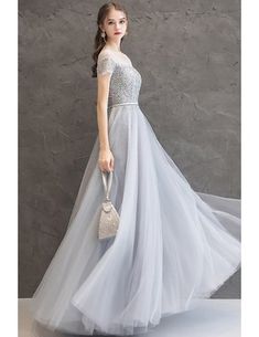 Gorgeous Grey Bling Sequins Modest Prom Dress With Illusion Short Sleeves #DM69049 - GemGrace.com Cheap Evening Gowns, Evening Gowns Online, Silver Evening Dress, Modest Formal Dresses, Grey Evening Dresses, Burgundy Evening Dress, Glamorous Evening Dresses, Pretty Quinceanera Dresses, Modest Prom