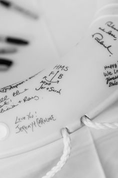 a close up of a white plate with writing on it