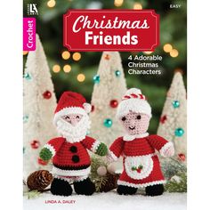 crochet christmas friends book cover with two knitted santas and pine cones