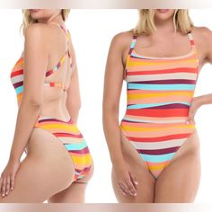 Colorful Stripes Enliven This One-Piece Tank Swimsuit With Crisscross Back Straps And A High-Cut Leg. Squareneck Pull-On Style Shelf Bra With Removable Soft Cups Crossed Back Straps High-Cut Leg Cheeky Coverage 85% Nylon/15% Spandex Machine Washable (Approximate Measurements Laying Flat) Bust: 14.5” (19” Stretched Flat) Length: 29.5” B1299rh020324 Bathing Suit Swimsuit Pool Poolside Vacation Cruise Resort Spring Summer Break Sup Lake Tubing Travel Swimwear Casual One-piece Color Block Swimwear, Multicolor Color Block Bodysuit For Pool, Casual Orange One-piece Swimwear, Multicolor Color Block Bodysuit For Poolside, Trendy Multicolor Bodysuit For Swimming, Multicolor One-piece Lined Swimwear, Spring Beach Bodysuit With Color Block, Spring Beach Bodysuit In Color Block, Spring Beach Color Block Bodysuit