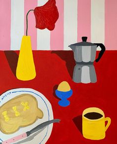 a painting of food and coffee on a red tablecloth with striped wall behind it