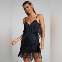 Showpo Siofra Zig Zag Fringe Mini Dress In Black Size Us 8 New With Tag Stand Out From The Crowd And Make A Bold Fashion Statement In Our Siofra Mini Dress - Zig Zag Fringe Dress In Black. This Playful And Flirty Dress Is Perfect For Any Party Or Festival Night, With Its Eye-Catching Zig Zag Fringe Detail That Will Have All Eyes On You. The Sleek Black Design Combined With The V Neck Cut Adds A Touch Of Sophistication To This Mini Dress, While The Sleeveless Style Keeps It Fresh And Spring-Ready Fringe Midi Dress, Black Fringe Dress, Fringe Mini Dress, Flapper Girl, Flirty Dresses, Sling Dress, Fringe Dress, Black Fringe, Sequin Mini