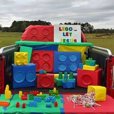 the back of a truck filled with lego blocks