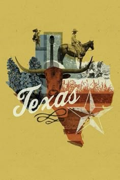 the word texas is surrounded by images of cowboys, cattle, and other things that appear to be made out of paper