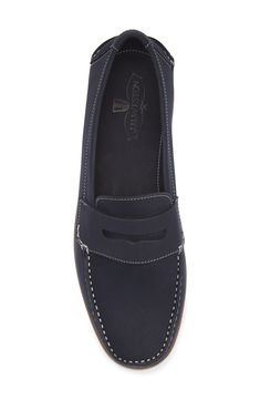 Inspired by classic boat shoes, this loafer made of water-resistant leather features bright stitching that matches the grippy sole for a smart, prepster look. Water-resistant Leather upper and lining/synthetic sole Made in Italy Designer Shoes Moc Toe Loafers With Stitched Sole For Boating, Classic Navy Leather Boat Shoes, Moc Toe Loafers With Rubber Sole For Boating, Rubber Sole Moc Toe Loafers For Boating, Classic Navy Boat Shoes With Round Toe, Classic Blue Boat Shoes With Rubber Sole, Navy Round Toe Boat Shoes, Navy Slip-on Boat Shoes For Boating, Classic Navy Plain Toe Loafers