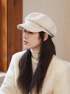 Beige Basics,Casual,Cute,Elegant,Formal Collar  Acrylic   Embellished  Fall,Spring,Winter,Fall/Winter Women Accessories Formal Winter Hat, Cute Hat Aesthetic, Light Academia Accessories, Winter Outfits Hat, Winter Hat Women, White Beret, Beret Outfit, Cute Beret, Headwear Fashion