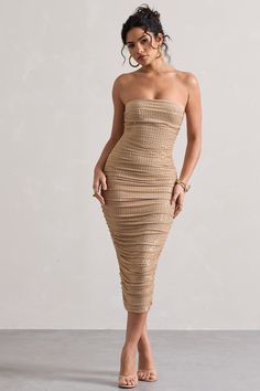 Astro | Gold Embellished Bandeau Midi Dress Glamorous Gold Midi Dress For Cocktail, Gold Midi Dress For Prom And Party Season, Gold Midi Dress For Prom Party Season, Glamorous Gold Midi Dress For Gala, Elegant Gold Ruched Midi Dress, Glamorous Gold Midi Dress For Night Out, Gold Strapless Dress With Sequins, Gold Midi Dress For Gala, Gold Sequined Strapless Dress