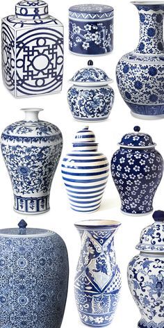 blue and white vases with designs on them are shown in multiple rows against a white background