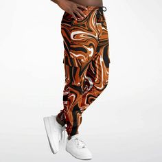 Burnt Orange, Black and White Abstract Melt Unisex Cargo Joggers (Flee – BigTexFunkadelic Cargo Joggers, Jogger Sweatpants, Black And White Abstract, Spandex Fabric, Burnt Orange, Running Errands, Fleece Fabric, Orange Black, Fabric Weights