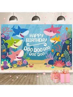 a birthday party scene with sharks and fish