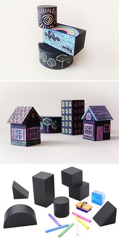 three different views of some sort of house and building made out of black cardboard boxes