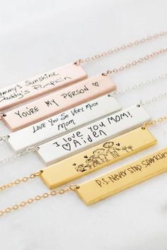 Give her a gift to remind her how much you care. This necklace can be engraved with your actual handwriting or special message. Find the best one of a kind jewelry ideas for her! #jewelry #giftsforher #artsyinspired #accessorize Handwriting Necklace Custom, Mommy Things, Customized Necklace, Bar Necklaces, Handwriting Necklace, Diamond Choker Necklace, Signature Necklace, Gold Gift Boxes