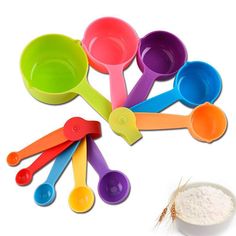 PRICES MAY VARY. Measuring cups and spoons: This set of measuring tools consists of 5 measuring spoons (1 tbsp, 1/2 tbsp, 1 tsp, 1/2 tsp, 1/4 tsp) and 5 measuring cups (1 cup, 1/2 cup, 1/3 cups, 1/4 cup and 1/8 cup). Easy-to-use that standard and metric measurements are clearly printed on each handle. Each of these two combinations is nested together by a removable plastic ring to combine each piece for ease of organization and storage. Multi-colored look combinations add color to the kitchen an How To Cook Greens, Measuring Cups And Spoons, Measuring Cups & Spoons, Essential Kitchen Tools, Organization And Storage, Plastic Ring, Measuring Tools, Measuring Cup, Baking Flour