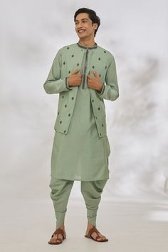 Shop for Manish Nagdeo Green Modal Diamond Pattern Bundi And Kurta Set for Men Online at Aza Fashions Sleeveless Kurta, Asymmetric Tunic, Kurta Set For Men, Green Thread, Rohit Bal, Tarun Tahiliani, Draped Skirt, Nehru Jackets, Fern Green