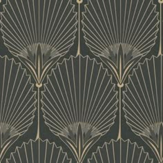 an art deco wallpaper design with fan like shapes in grey and gold on a black background