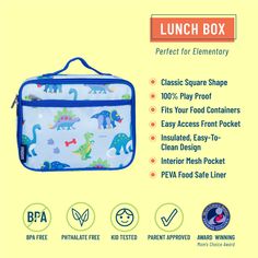 100% play proof and perfect for elementary age, Wildkin’s classic square shaped lunch box in blue for boys and girls is designed to help you and the environment by offering a fun and reusable option for lunch and snack time. Apart from the roomy main compartment, this lunch box features a zippered front pocket that is perfect for hiding a surprise treat or securing sweet notes. The lunch box also features an interior mesh pocket for storing napkins, utensils or an ice pack. Sized just right for Cold Snacks, Dinosaur Land, Time Apart, Kids Lunch Bags, Lunch Box Bag, Insulated Lunch Box, Brown Paper Bag, Ice Pack, Kids Lunchbox