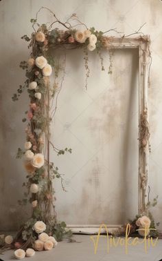 an old photo frame with flowers and vines on the wall in front of it,