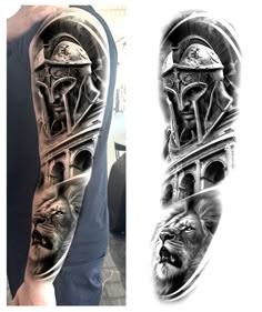 a man with a tattoo on his arm that has an image of a helmet and lions