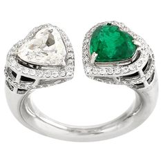 18KT:8.598g,D:1.66ct, Emer:1.44ct, Vibrant Green, Emerald Diamond, Natural Emerald, Sparkle Diamonds, Heart Shape, Semiprecious Stones, Ring Designs, Fashion Rings, Precious Stones