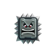 an angry looking square with spikes on it's sides and red eyes is shown