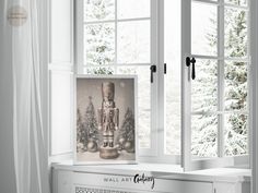 an image of a nutcracker standing in front of a window with christmas decorations