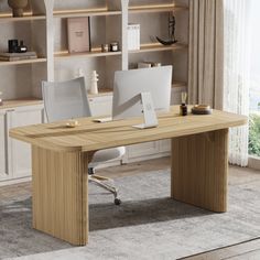 an office desk with two chairs and a computer on it in front of a bookcase