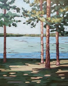 a painting of some trees by the water