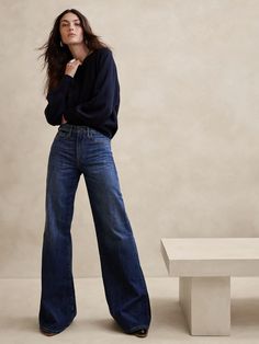 The Puddle Jean | Banana Republic Wide Leg Jeans Outfit, Wide Legged Jeans, Stretch Denim Fabric, How To Hem Pants, Wide Leg Denim, Denim Fabric, Wide Leg Jeans, Modest Fashion