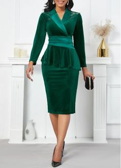 Color:Blackish Green;Size:XL;Package Contents:1 X Dress;Occasion:Work;Style:Elegant; Green Velvet Dress Outfit, Velvet Dresses Outfit, Emerald Green Velvet Dress, Lapel Dress, 2piece Outfits, Velvet Dress Long, Emerald Green Dresses, Green Velvet Dress, Tuxedo Dress