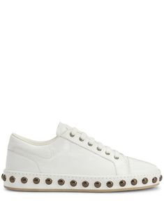 off-white calf leather stud embellishment logo patch at the tongue round toe front lace-up fastening branded insole flat rubber sole Giuseppe Zanotti, Sneakers White, Leather Sneakers, Patch Logo, Lace Front, Calf Leather, Rubber Sole, Shoes Sneakers, Lace Up