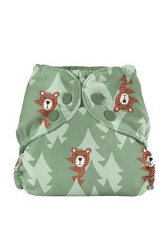 a green cloth diaper with brown bears on it