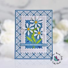 a card with white daisies on it and the words grateful for your kindness written in blue