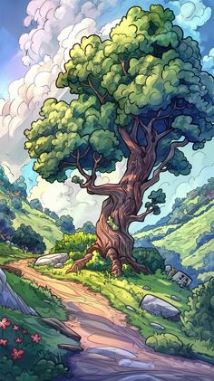 a painting of a tree on the side of a road with rocks and grass around it