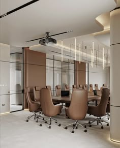 a large conference table with chairs around it in an office setting that is lit up by recessed lighting