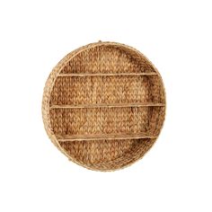 a round wicker shelf with three shelves