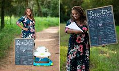 a woman standing next to a chalkboard sign holding a menu in front of her