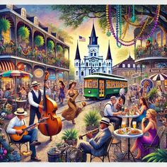 a painting of people sitting at an outdoor cafe eating and playing the instruments in front of a trolley