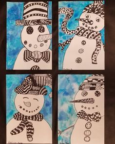 four snowmen with hats, scarfs and scarves