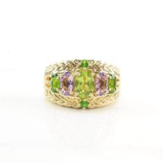 This ring is a size 5 (USA); It may be resized. Markings: 925, China, (Michelle Albala) (Tested & guaranteed to be Sterling Silver) This ring weighs 7.9 Grams The Stone/Design is Peridot Amethyst, Chrome Diopside - Natural  The Stone/Design measures 6.8 x 5.1 mm (center stone) The condition of this ring is Estate, Great, some scratches, light patina This vintage item is circa pre 2004  To have us do the resize, add this listing and the resize listing to your cart and select which size you would Silver Rings Simple, Vintage Sterling Silver Rings, Stone Design, Rings Statement, Sterling Silber, Vintage Sterling Silver, Statement Rings, Silver Ring, Sterling Silver Rings