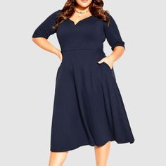 The Navy Blue Cute Girl Elbow Sleeve Dress Is Back And Better Than Ever! With Its Flattering Deep Sweetheart And V-Neckline Design, Flattering Fitted Waistline With An A-Line Skirt Design And Heavyweight Stretch Fabrication, You'll Love Wearing This Dress To Every Occasion! Plus, It Even Has Functional Side Pockets For All Your Essentials. Key Features Include: - Deep Sweetheart V-Neckline - Elbow Sleeves - A-Line Skirt - Lined To The Waist - Side Pockets - Heavyweight Stretch Fabrication For A Casual Solid Dress With Sweetheart Neckline, Solid Casual Dress With Sweetheart Neckline, Casual Dress With Sweetheart Neckline, Navy Casual Dress For Party, Floral Plus Size Dresses, Mermaid Midi Dress, High Low Midi Dress, City Chic Dresses, Sleeveless Wrap Dress