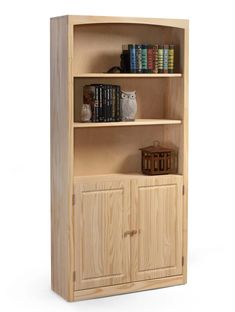 a wooden bookcase with two doors and shelves