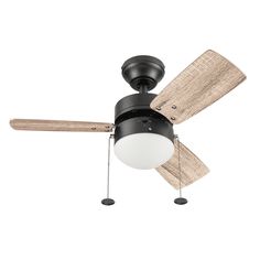 a ceiling fan with two wooden blades and a white light on the top of it