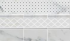 white marble tile with black and white geometric designs on the border, in different angles