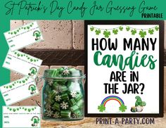 a jar filled with green candy next to a sign that says how many candies are in the jar?