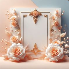 an ornate frame with flowers and leaves on a pastel colored background, 3d rendering