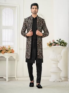 Black Outfit Men Wedding, Long Sleeve Sherwani For Diwali Reception, Long Sleeve Brocade Sherwani With Dabka Work, Brocade Sherwani With Intricate Embroidery, Brocade Sherwani With Intricate Embroidery And Long Sleeves, Long Sleeve Brocade Sherwani With Intricate Embroidery, Bollywood Style Long Sleeve Sherwani For Reception, Fitted Brocade Sherwani With Dabka Work, Reception Sherwani With Dupatta And Long Sleeves