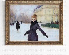 an oil painting of a woman walking in the snow with her hand on her hip